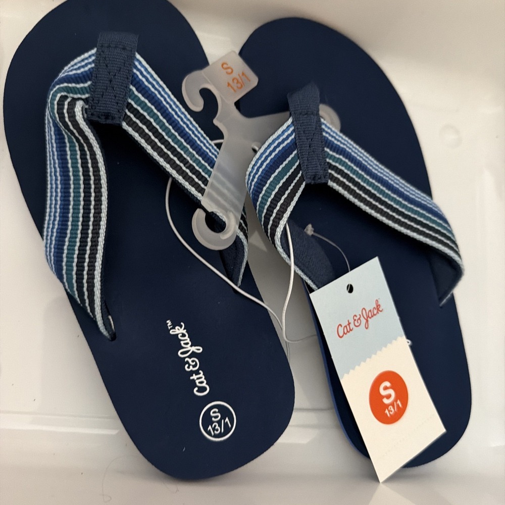 Cat & Jack Navy Blue/Jami Kids Flip Flop Sandals Striped Fabric Upper Size 13/1